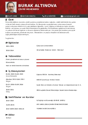 Çevre Mühendisi CV Örnekleri cv indir